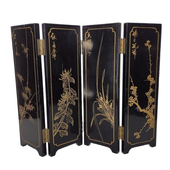 Vintage 1950s Geisha Lacquered Bamboo Abalone Paneled Tabletop Screen Divider - Picture 3 of 12